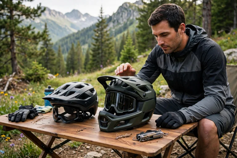 Rider comparing trail and enduro helmets before a ride