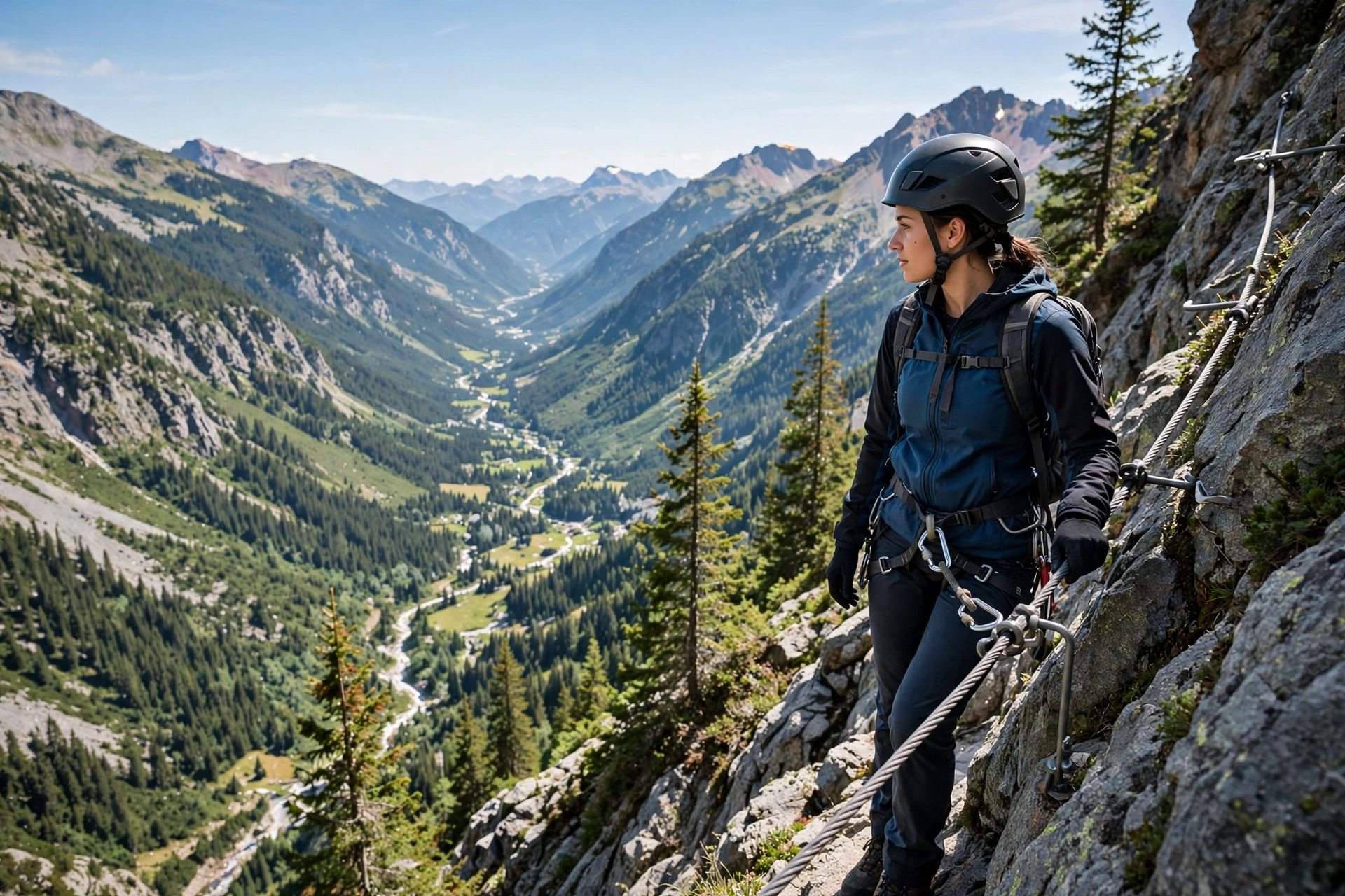 Climber wearing a certified climbing helmet on a via ferrata route above a mountain valley