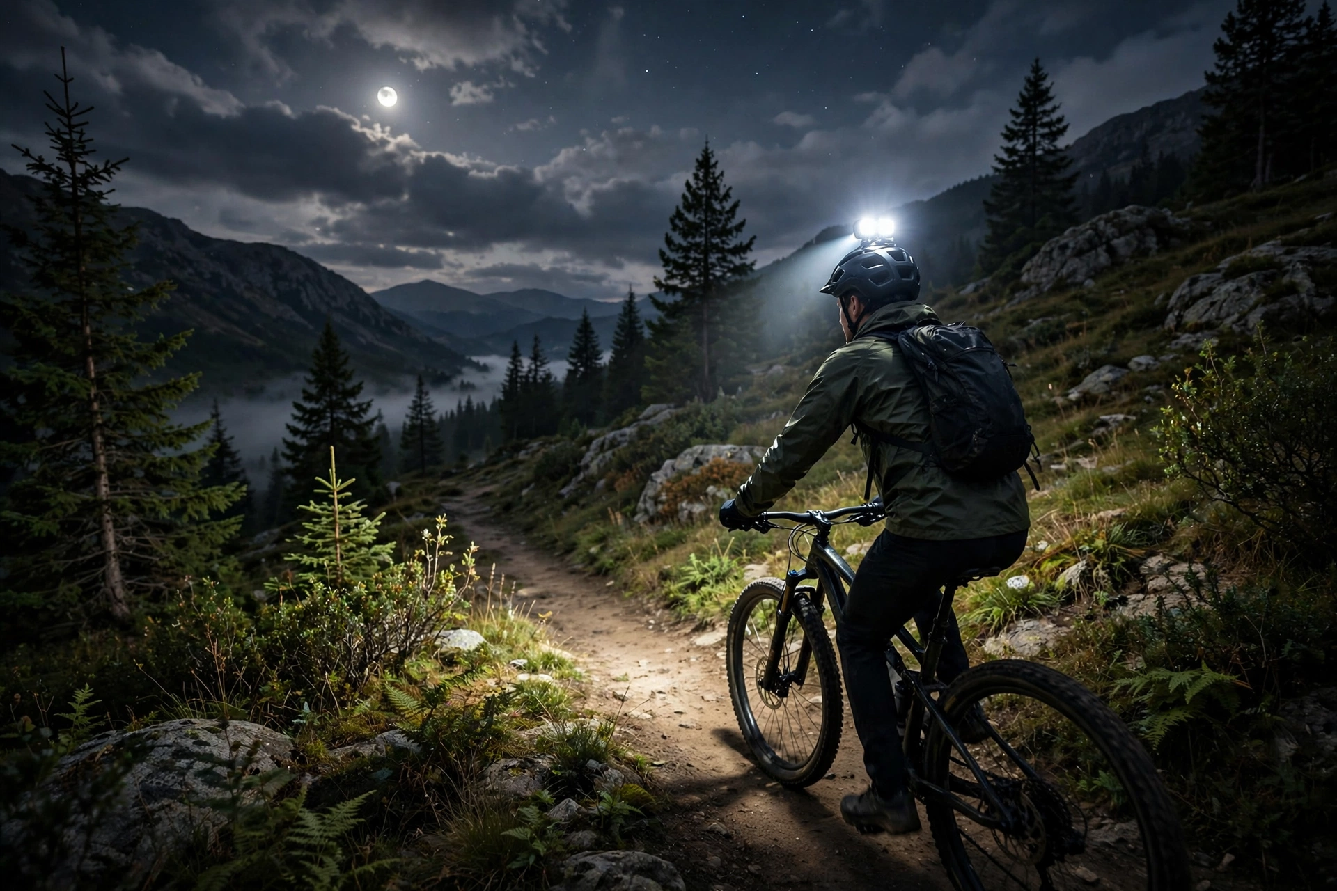 Night rider with a bright light mounted on top of a bike helmet