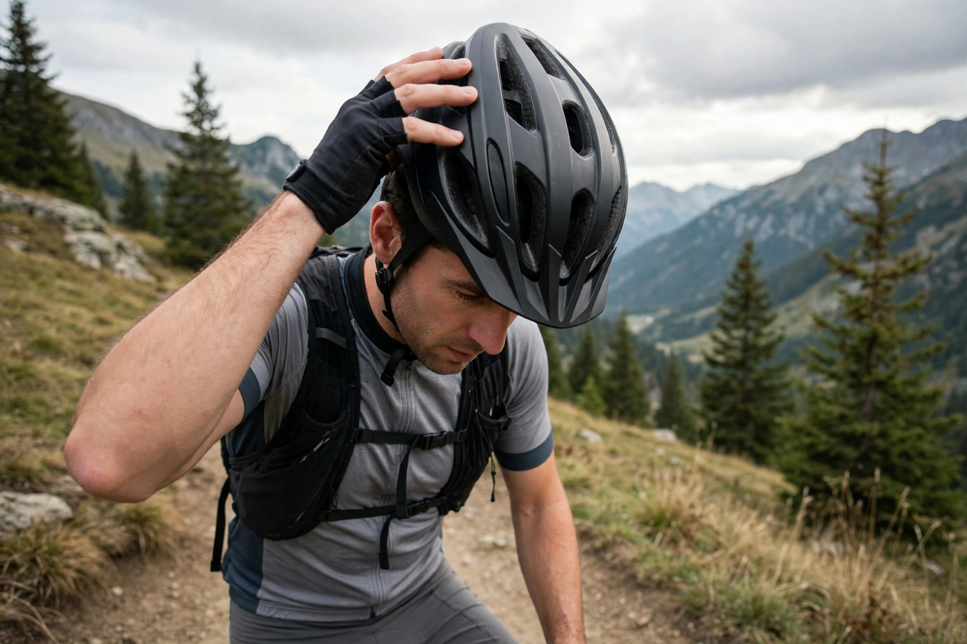 Cyclist adjusting a bike helmet that keeps slipping forward over the forehead