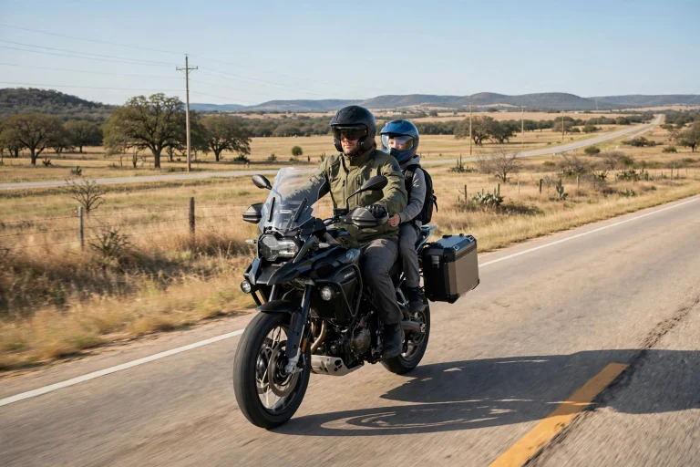 Motorcycle rider with a helmeted young passenger on a Texas road