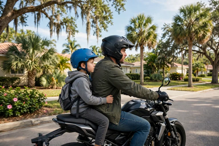 Motorcycle rider carrying a helmeted child passenger on a Florida street