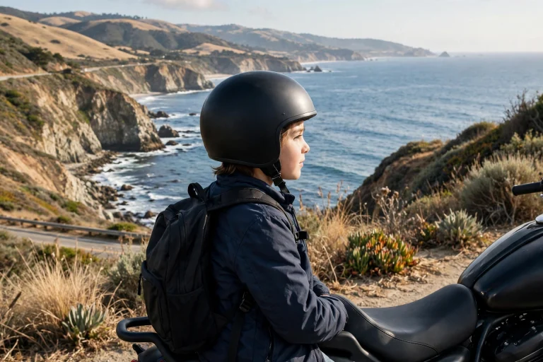 Child motorcycle passenger wearing a fitted DOT helmet riding in California
