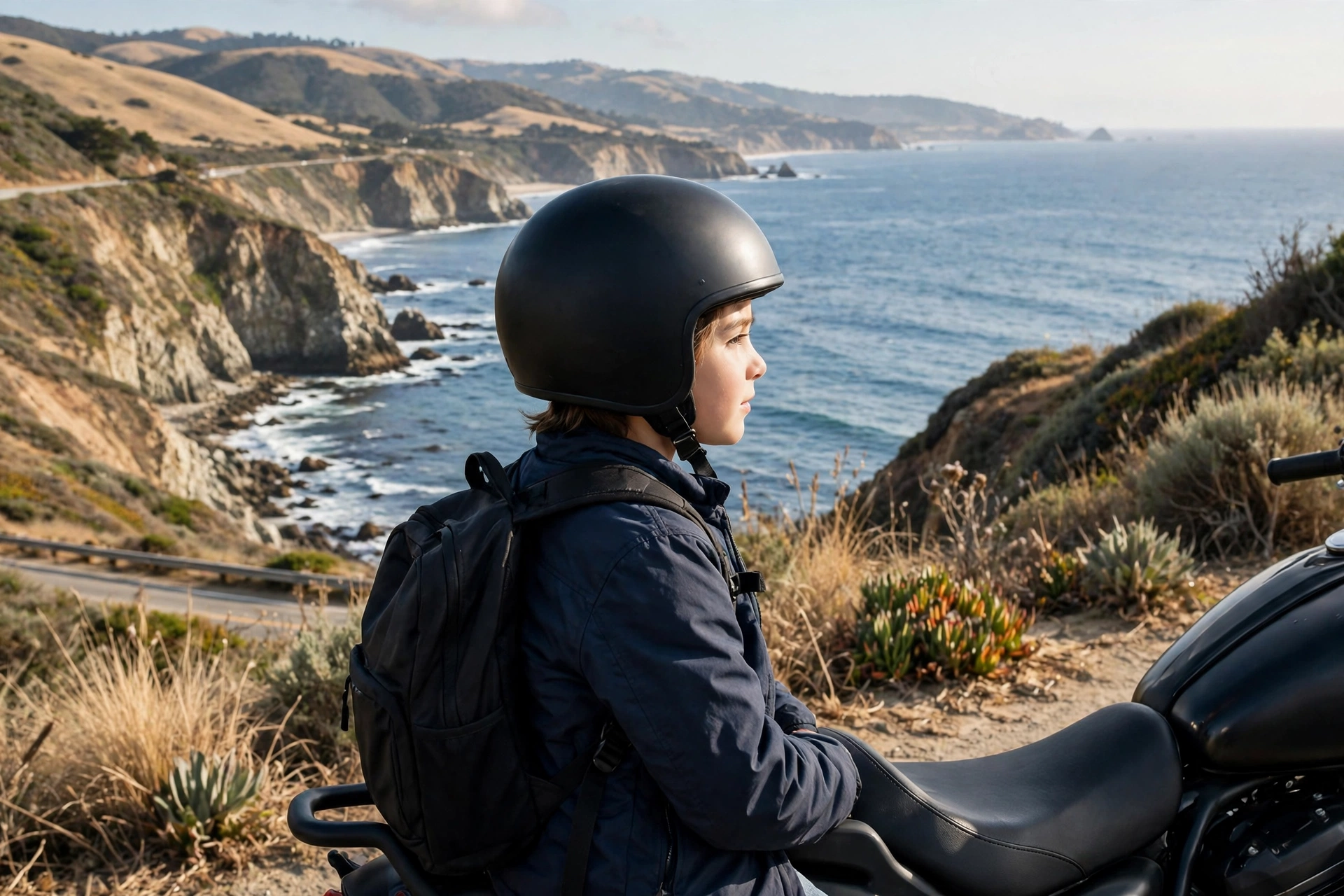 Child motorcycle passenger wearing a fitted DOT helmet riding in California