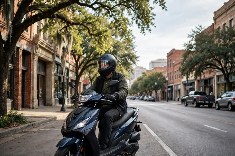 Rider on a motor scooter wearing a helmet on a Texas city street