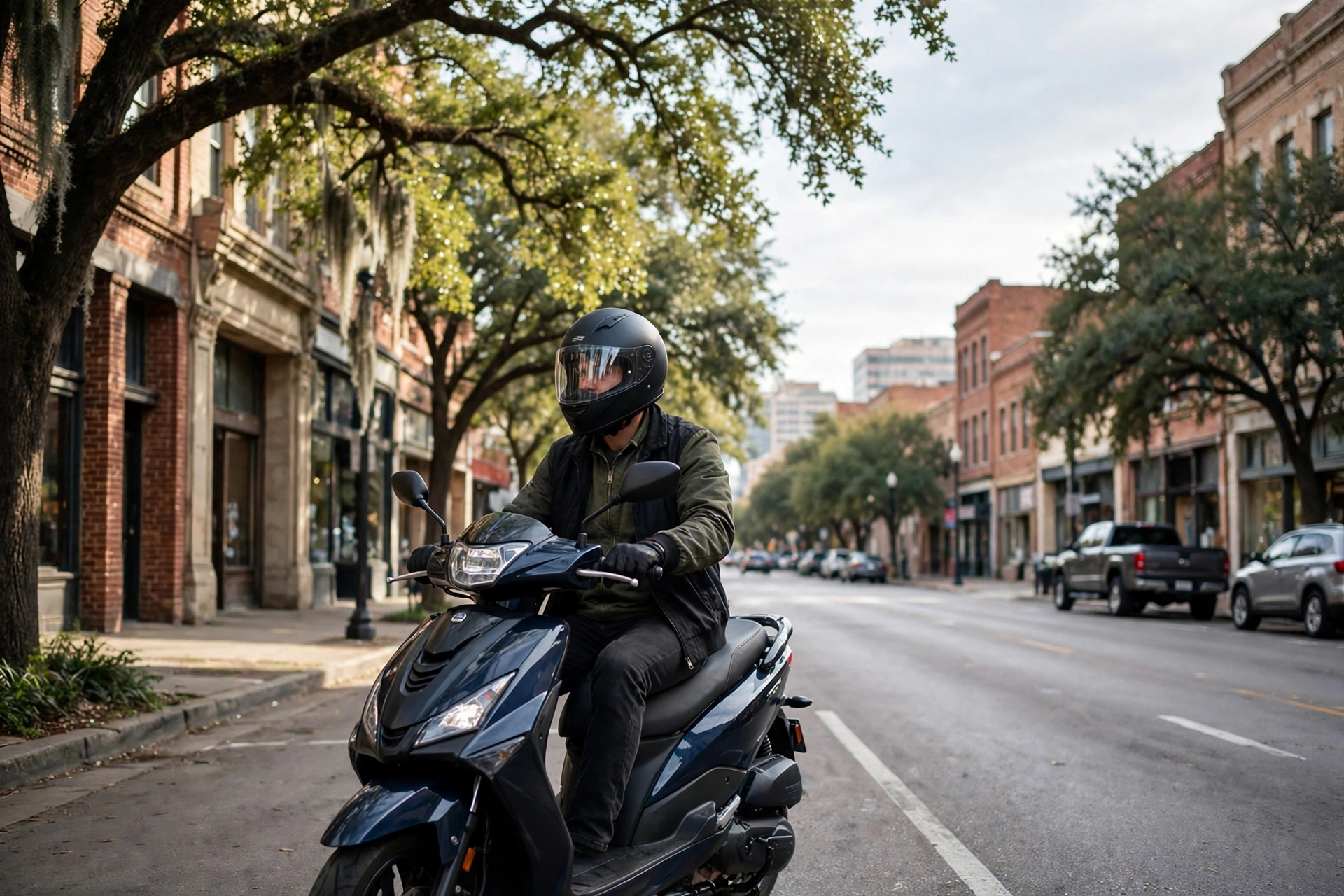 Rider on a motor scooter wearing a helmet on a Texas city street