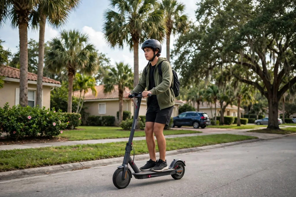 Young scooter rider wearing a helmet on a Florida street