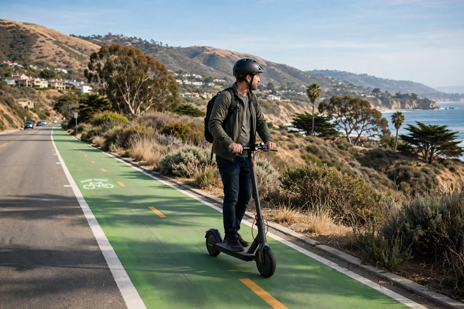 Rider on a stand-up electric scooter wearing a helmet in a California bike lane