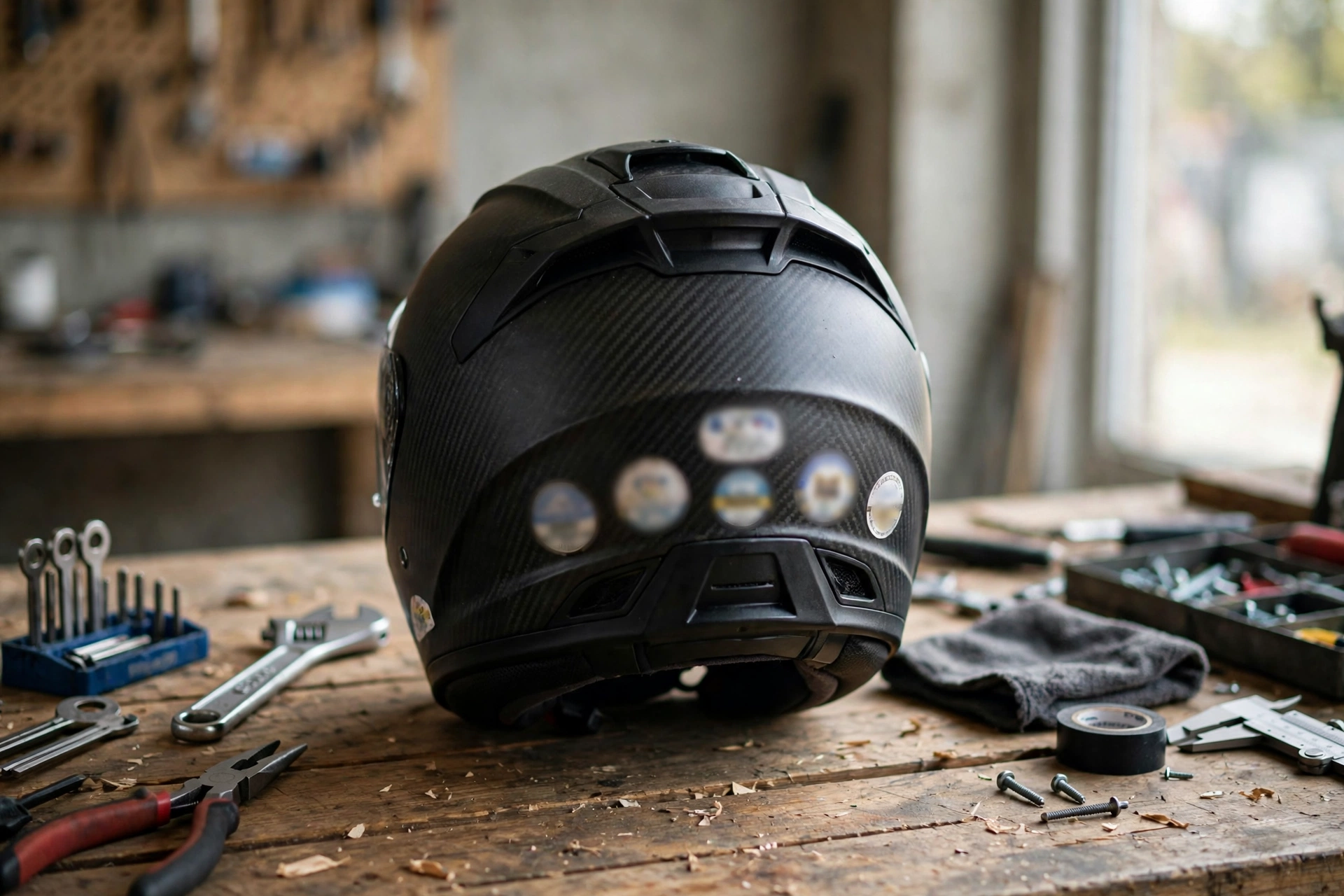 Motorcycle helmet showing DOT ECE and Snell certification labels for comparison
