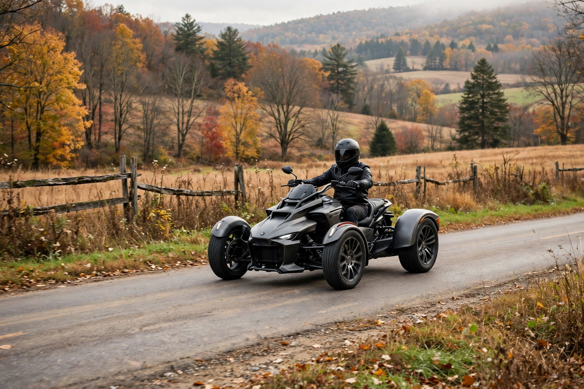 Open three-wheeled motorcycle trike on a Pennsylvania road