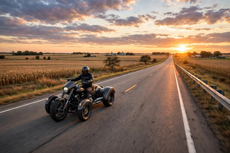 Three-wheeled motorcycle trike cruising an Illinois highway at sunset