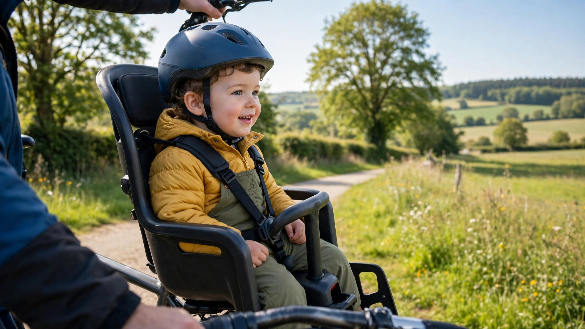 Toddler in a rear bicycle child seat wearing a small certified helmet on a family ride
