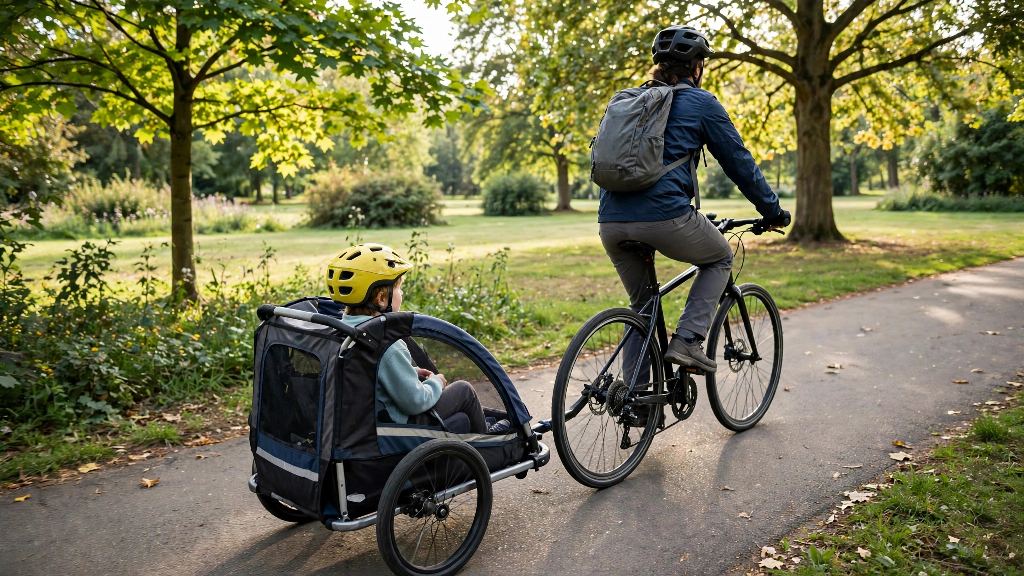 Bicycle trailer carrying a helmeted child along a park path
