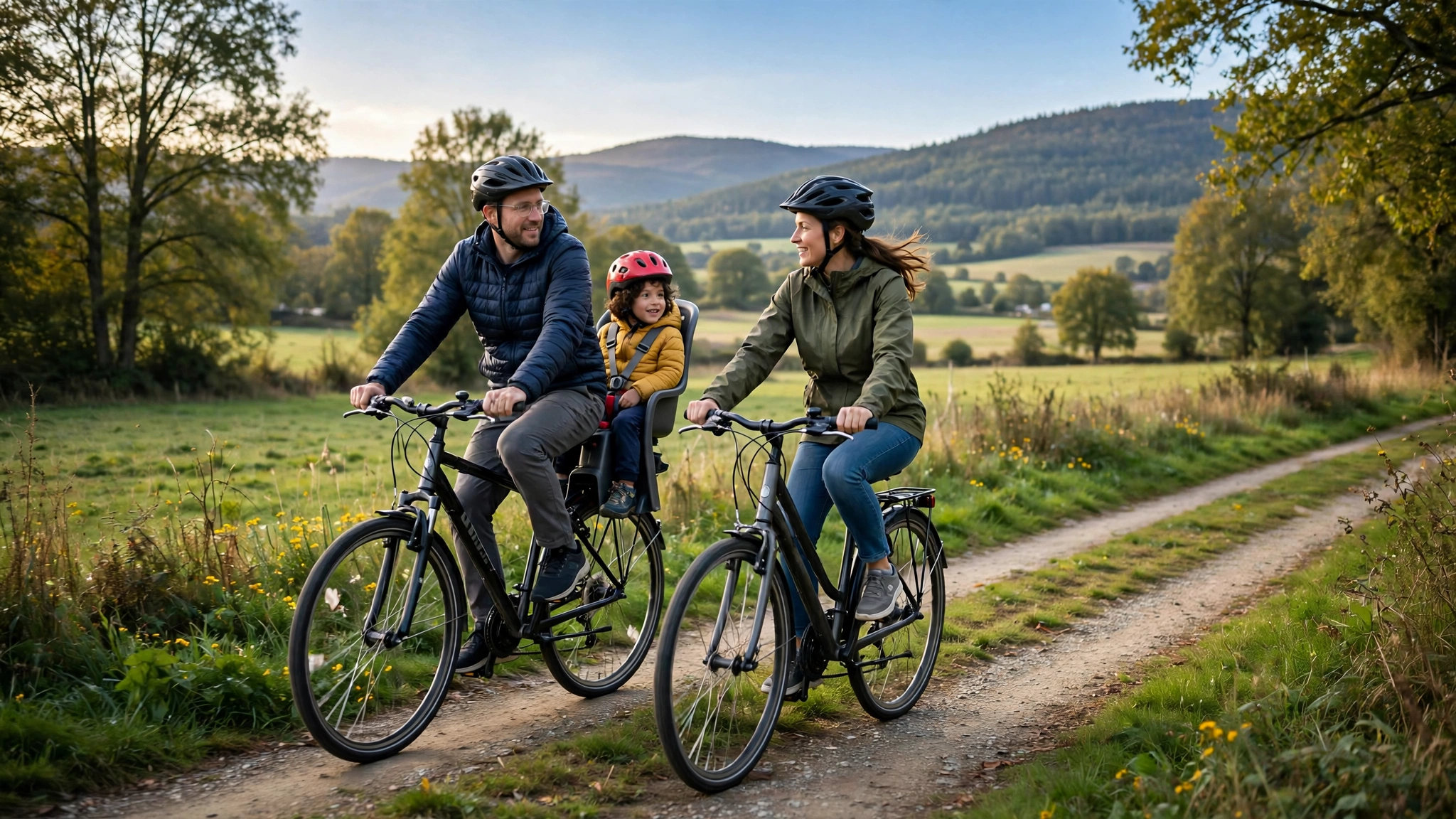 Family bike ride with a child passenger in a bicycle child seat wearing a helmet
