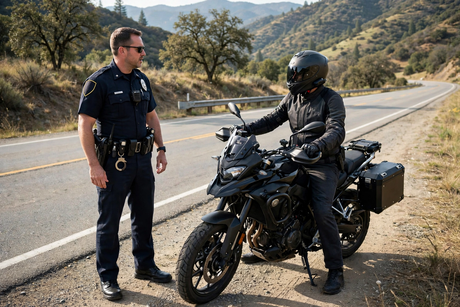 Georgia state trooper speaking with a helmeted motorcyclist at the roadside