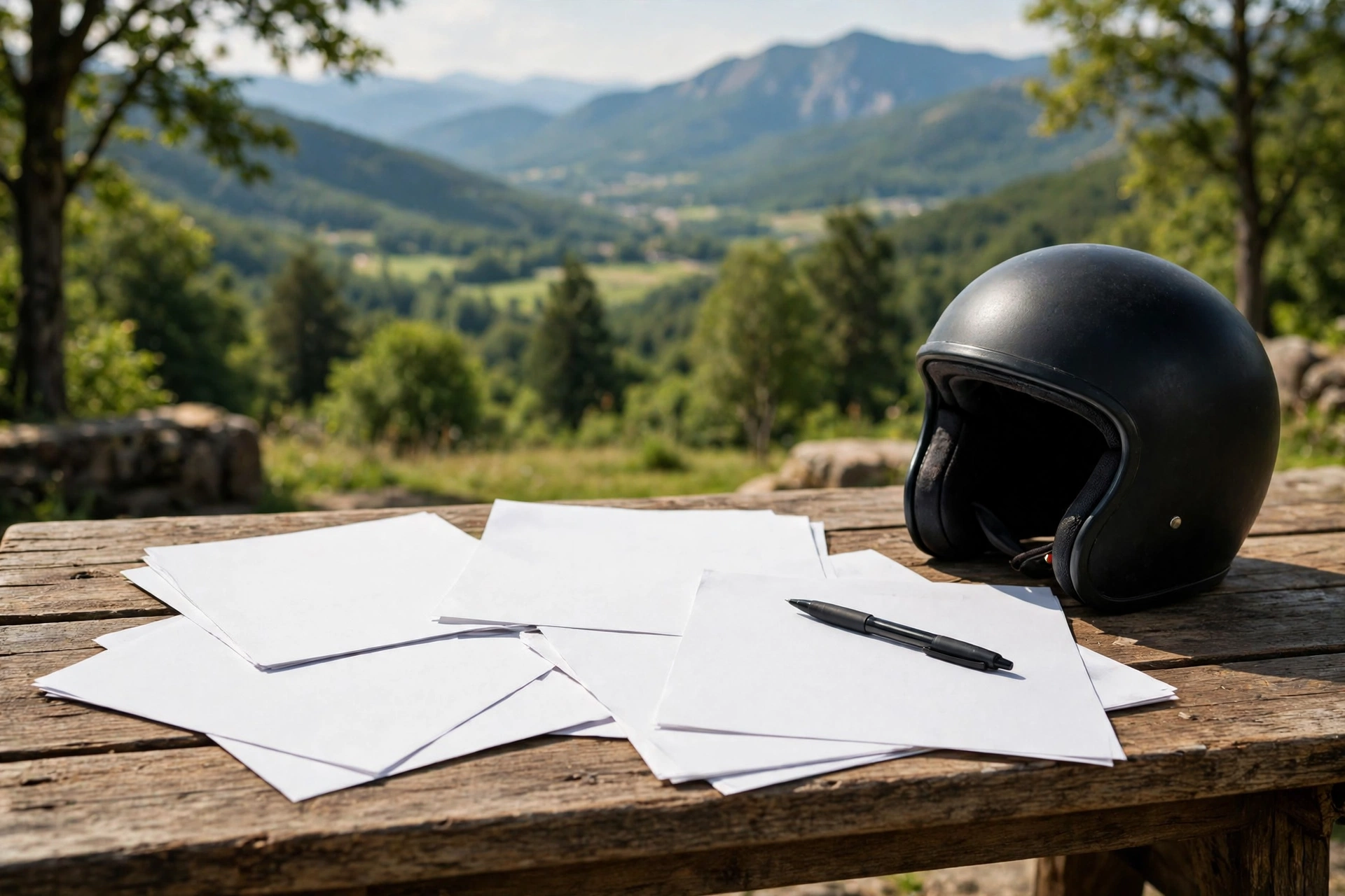 Motorcycle insurance policy documents and a premium quote on a desk beside a helmet