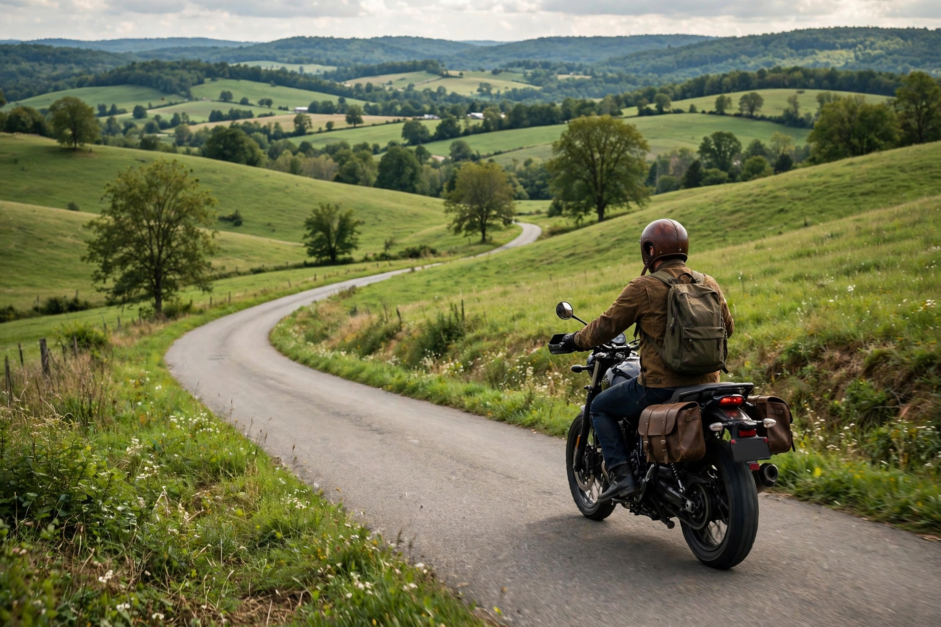 Motorcyclist wearing a half helmet cruising a Virginia country road