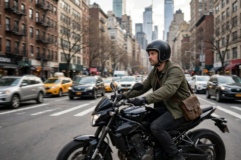 Motorcyclist in a half helmet riding past New York city traffic