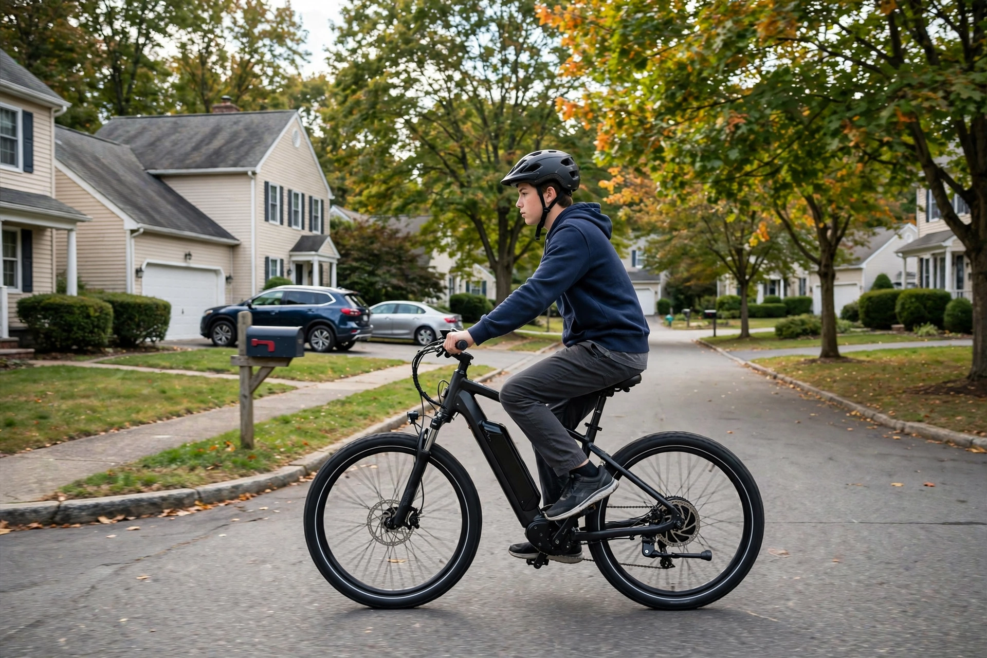 Teen rider wearing a helmet on an electric bicycle in a New Jersey neighborhood