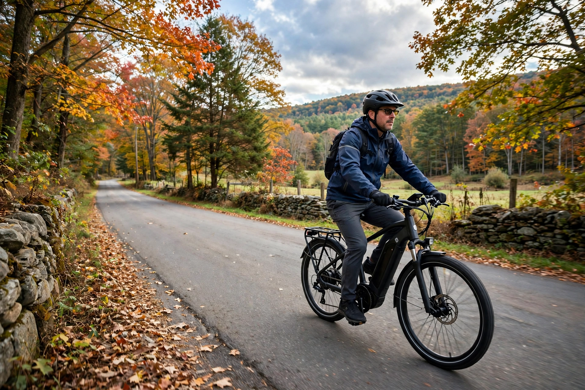 Electric bicycle rider wearing a helmet on a Connecticut road