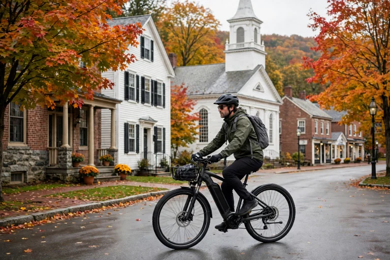 E-bike rider wearing a helmet while riding through a Massachusetts town