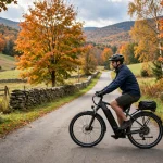 Class 3 e-bike rider wearing a helmet on a Vermont country road