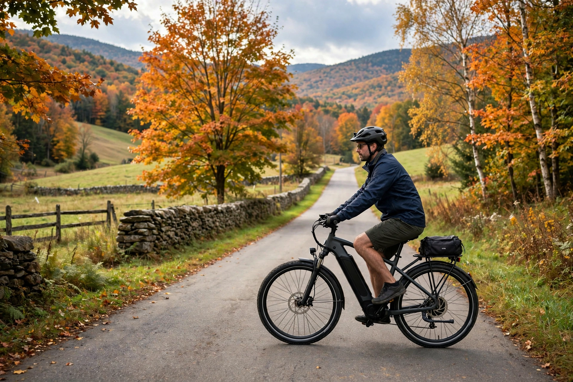 Class 3 e-bike rider wearing a helmet on a Vermont country road