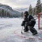 Ice hockey goalie wearing a fitted goalie mask in the crease