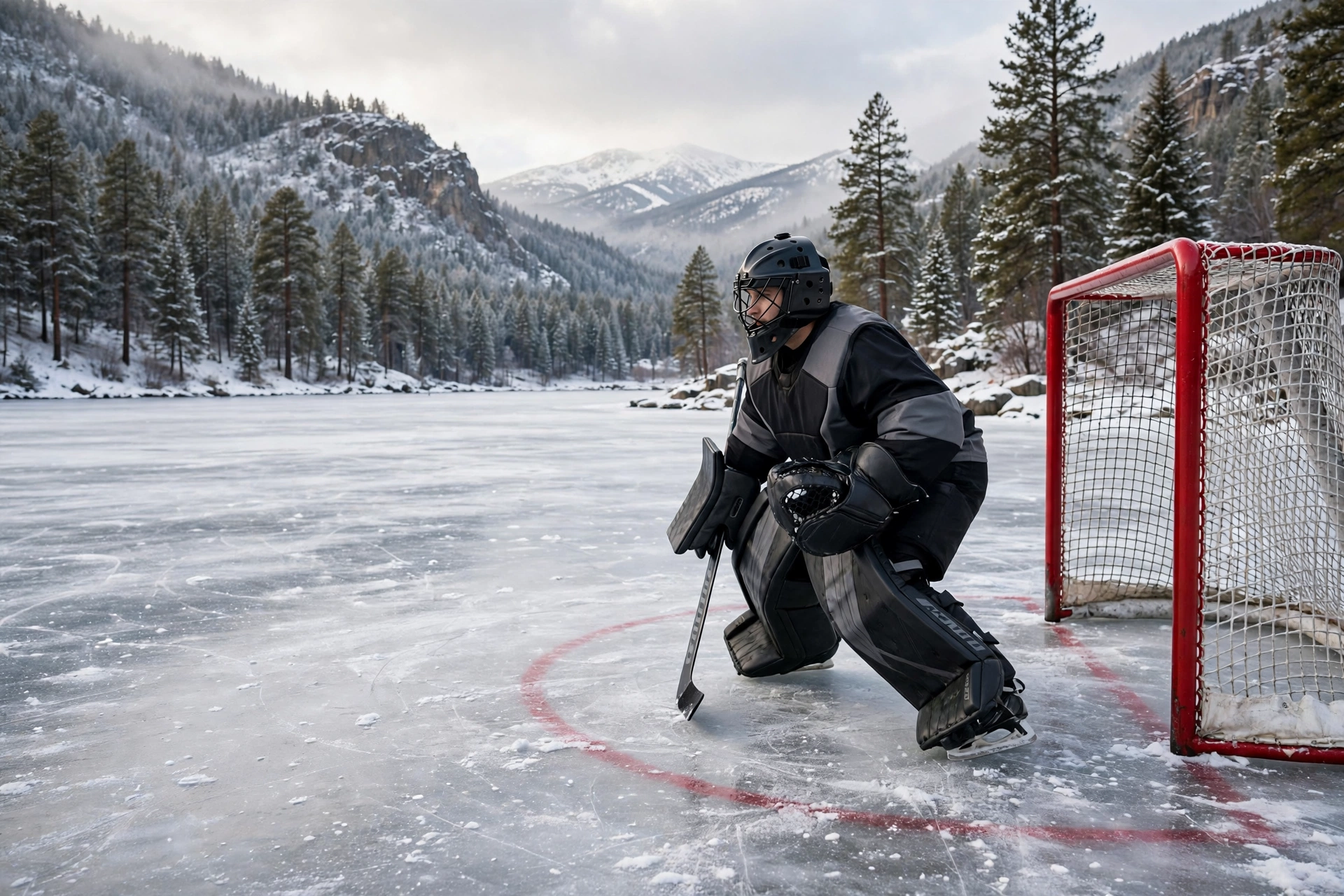 Ice hockey goalie wearing a fitted goalie mask in the crease