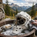 Ice hockey goalie mask being cleaned with a soft cloth and mild soap
