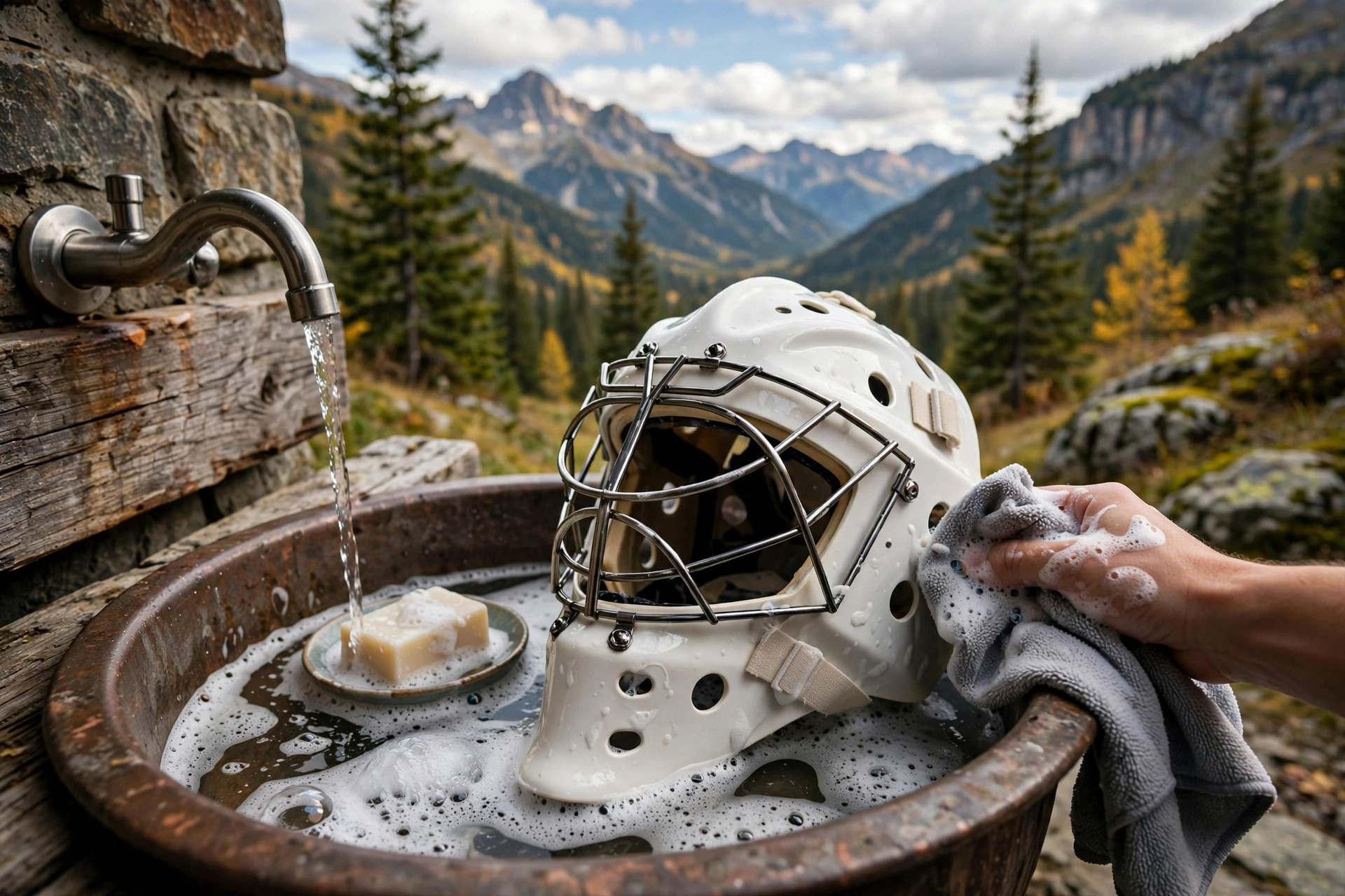 Ice hockey goalie mask being cleaned with a soft cloth and mild soap