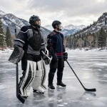 Ice hockey goalie in a full mask beside a skater in a player helmet