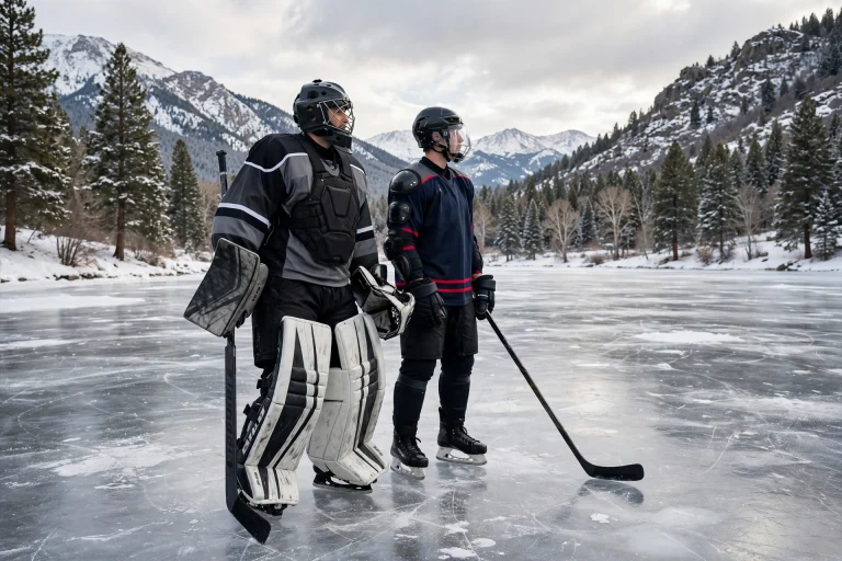 Ice hockey goalie in a full mask beside a skater in a player helmet