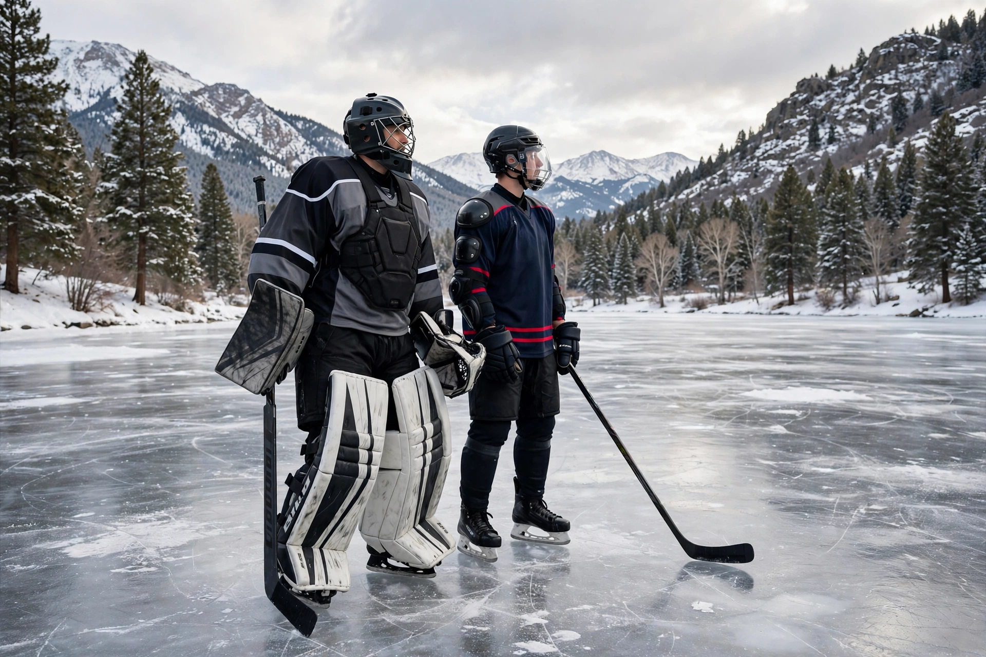 Ice hockey goalie in a full mask beside a skater in a player helmet