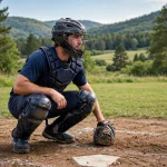 Baseball catcher wearing a hockey-style catcher's helmet behind home plate