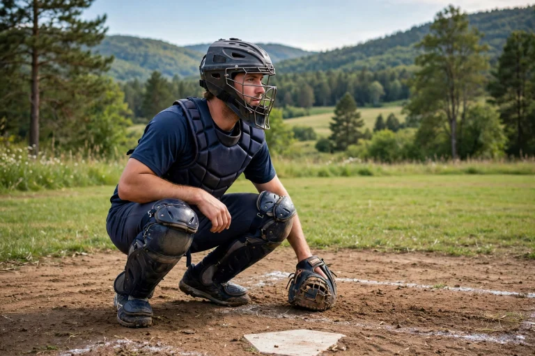 Baseball catcher wearing a hockey-style catcher's helmet behind home plate