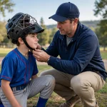 Coach checking the fit of a hockey-style catcher's helmet on a young player