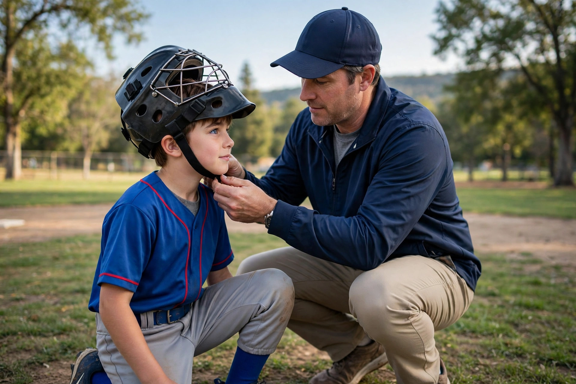 Coach checking the fit of a hockey-style catcher's helmet on a young player