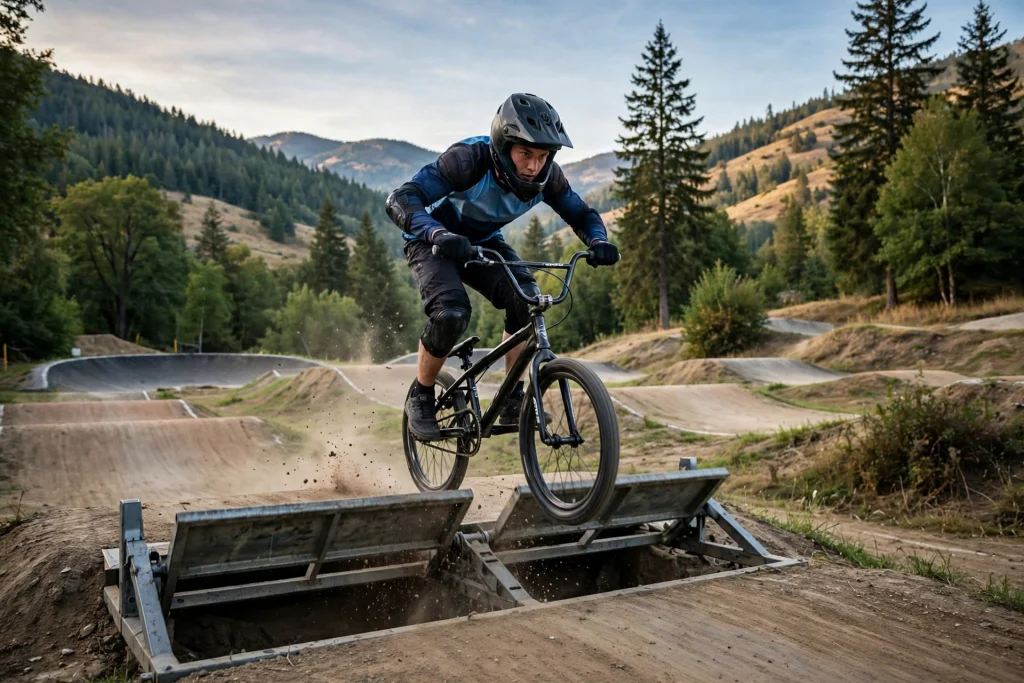 BMX racer wearing a full-face helmet launching from a starting gate