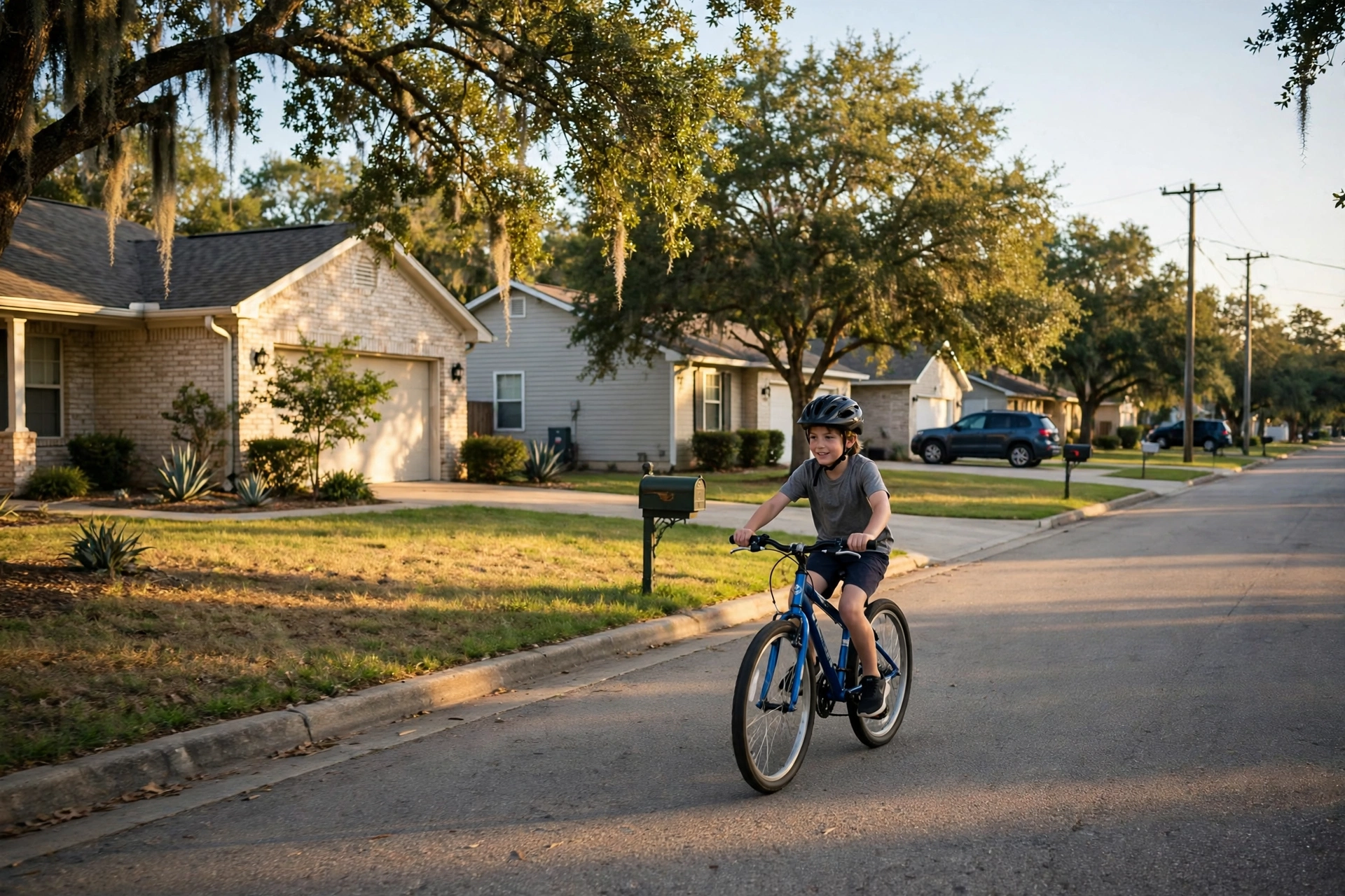 Child wearing a bicycle helmet riding on a street in Texas