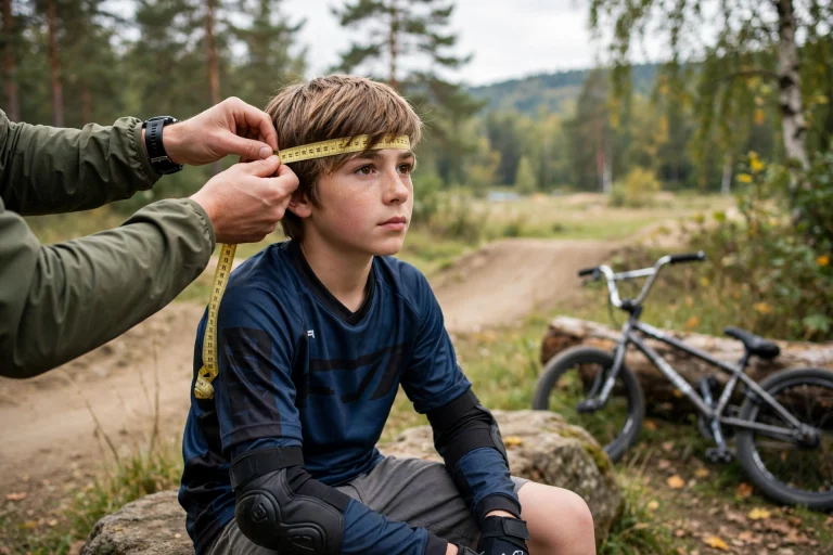 Young BMX rider having head measured with a soft tape for helmet sizing