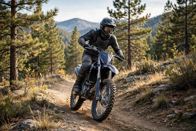 Motocross rider wearing goggles correctly over a dirt bike helmet on a trail