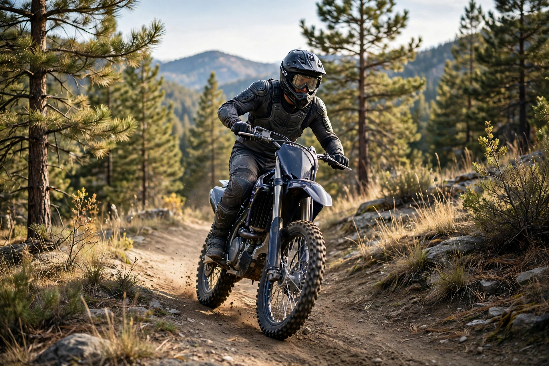 Motocross rider wearing goggles correctly over a dirt bike helmet on a trail