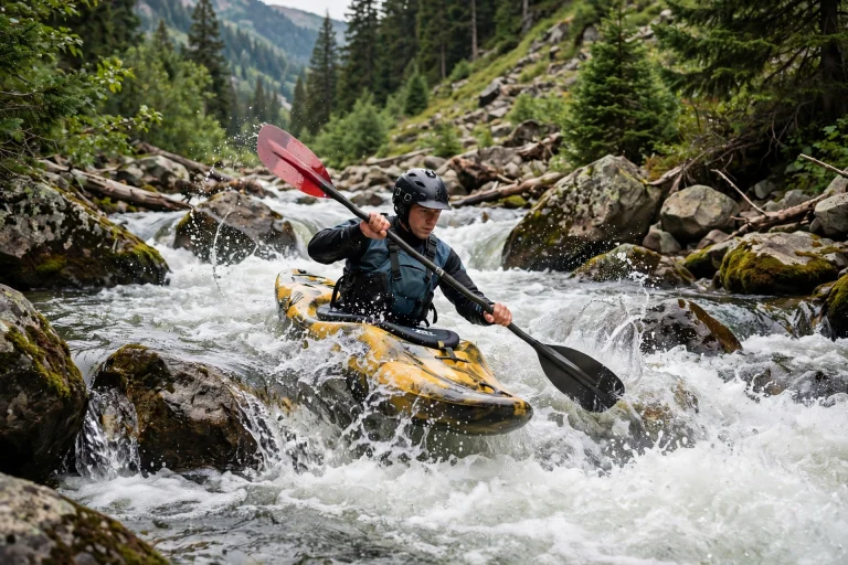 Whitewater kayaker wearing a helmet running rocky rapids
