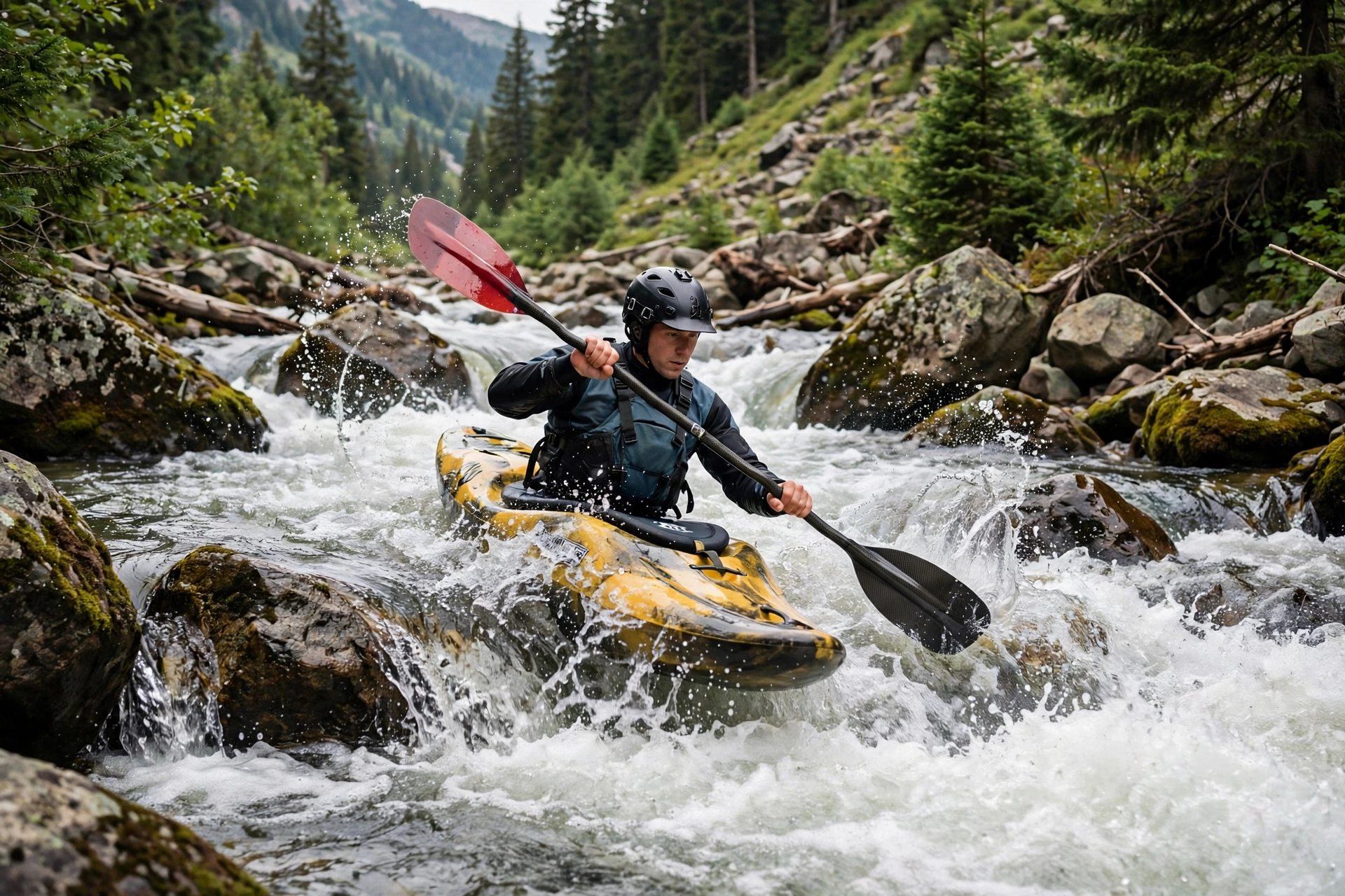 Whitewater kayaker wearing a helmet running rocky rapids