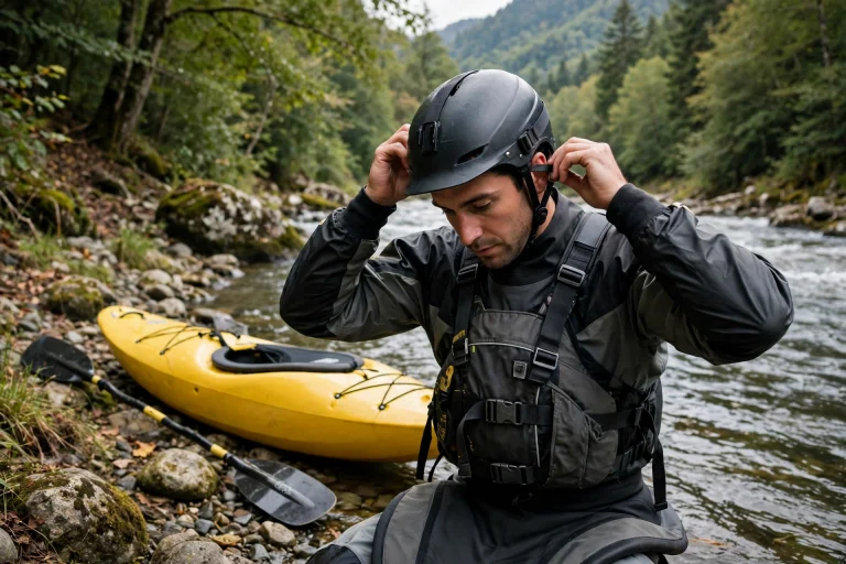 Kayaker adjusting the fit of a whitewater helmet at the riverbank