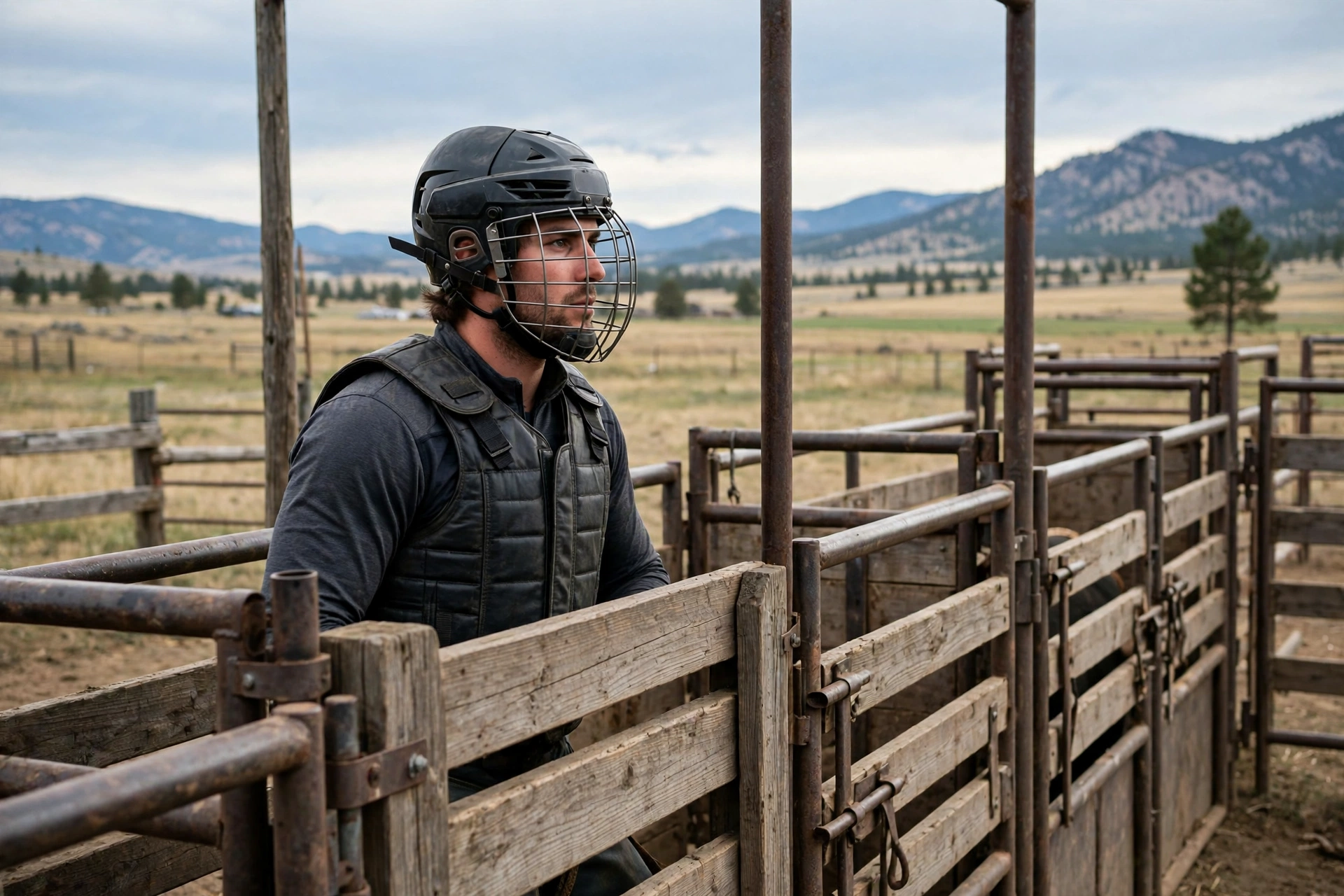 Bull rider wearing a helmet with face mask and a protective vest behind the chutes