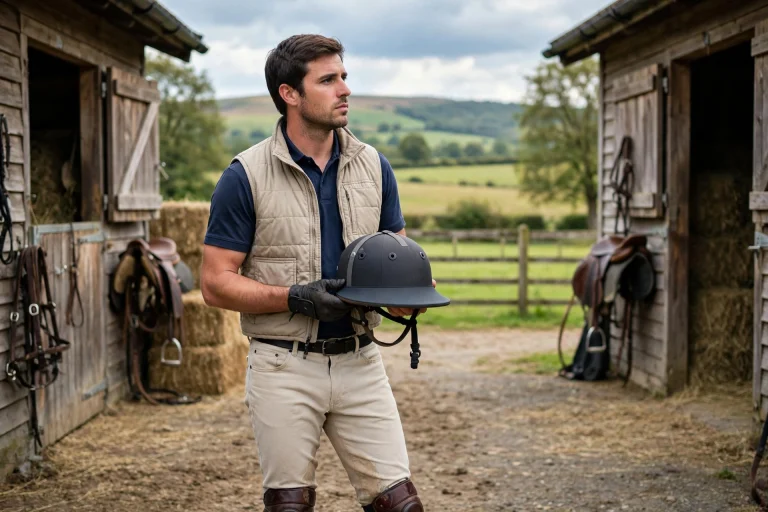 Polo player holding a certified polo helmet before a match