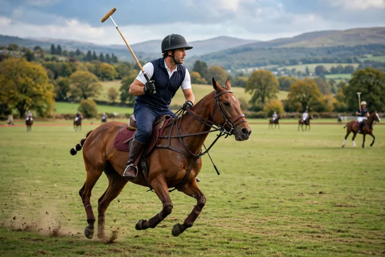 Polo player wearing a correctly fitted polo helmet during a match