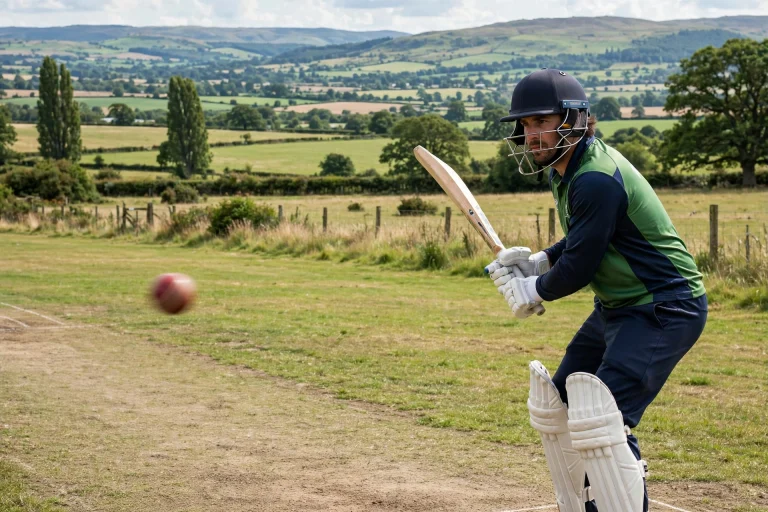Cricket batter wearing a helmet with grill facing a delivery
